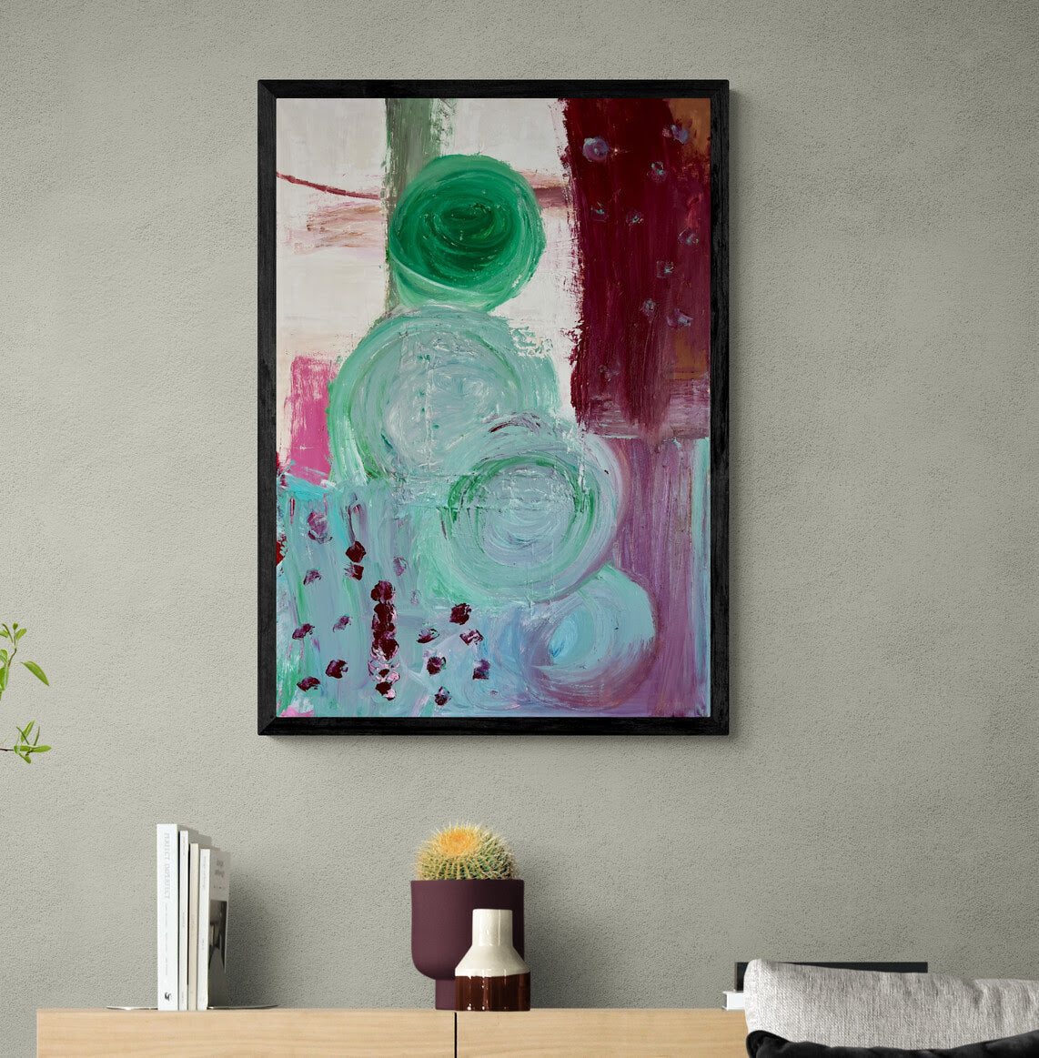 Kunstwerk „Menschen auf der blühenden Wiese“ - Poster-Druck im Holz-Rahmen