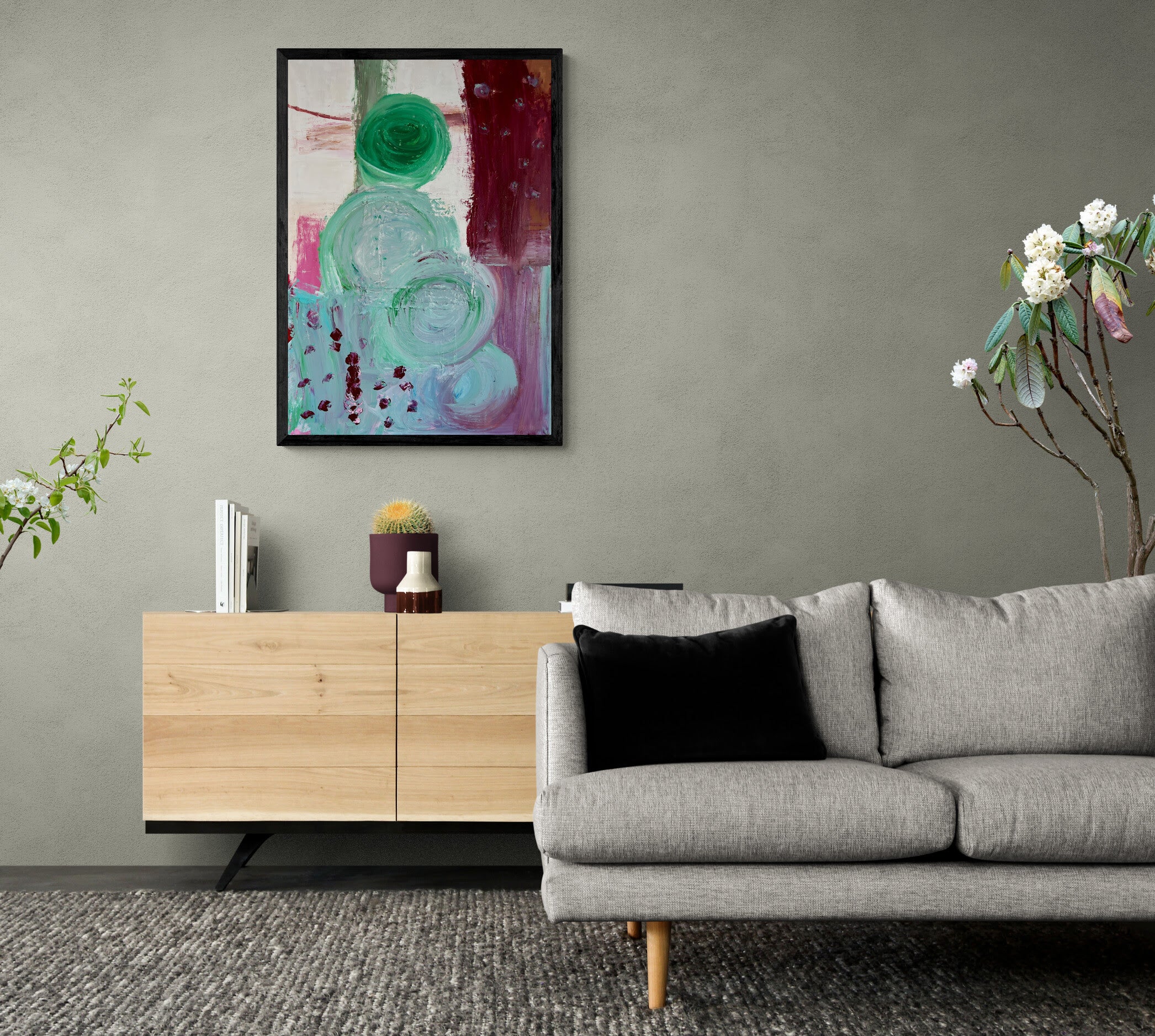 Kunstwerk „Menschen auf der blühenden Wiese“ - Poster-Druck im Holz-Rahmen