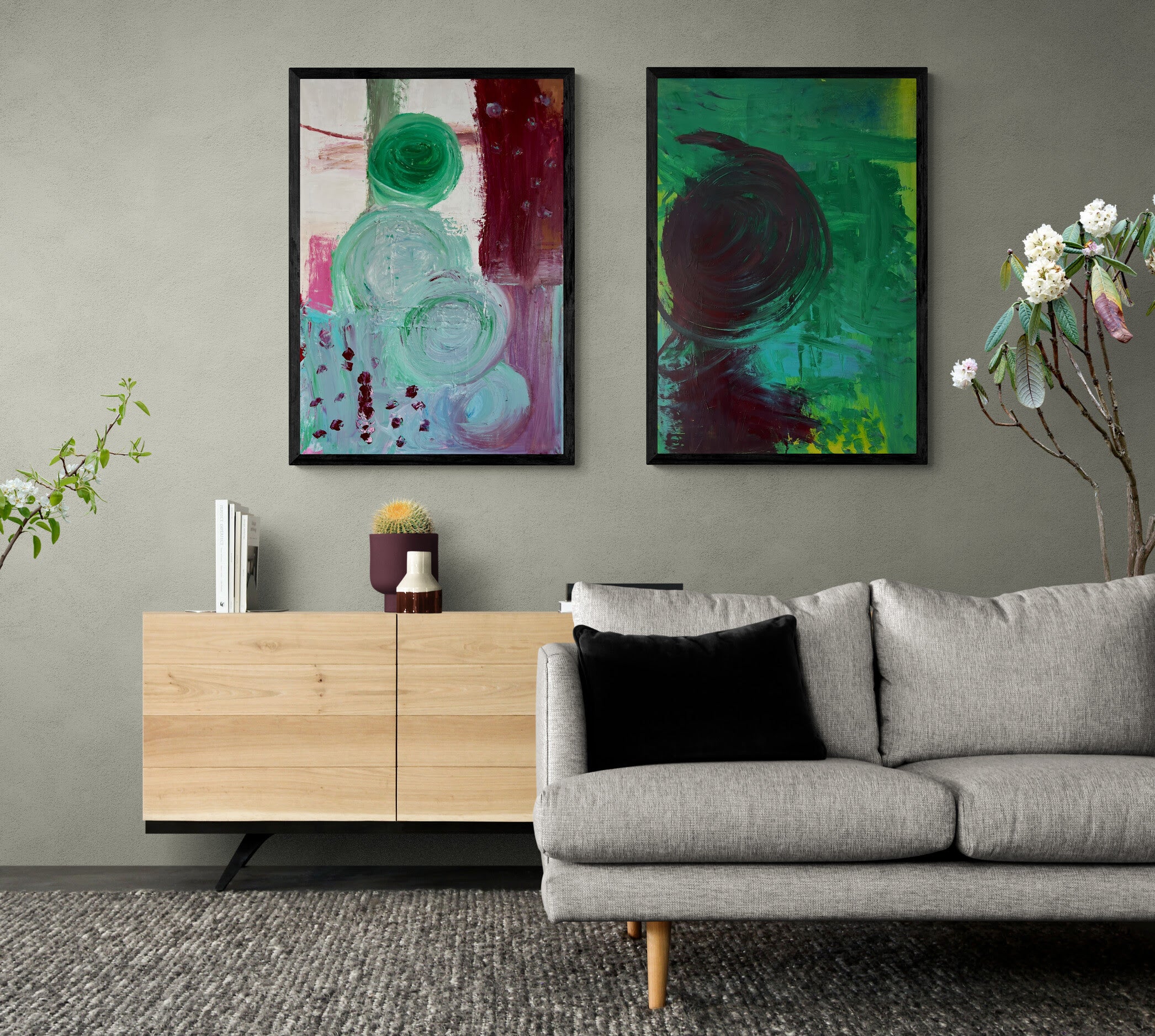 Kunstwerk „Mensch auf der grünen Wiese“ - Poster-Druck im Holz-Rahmen