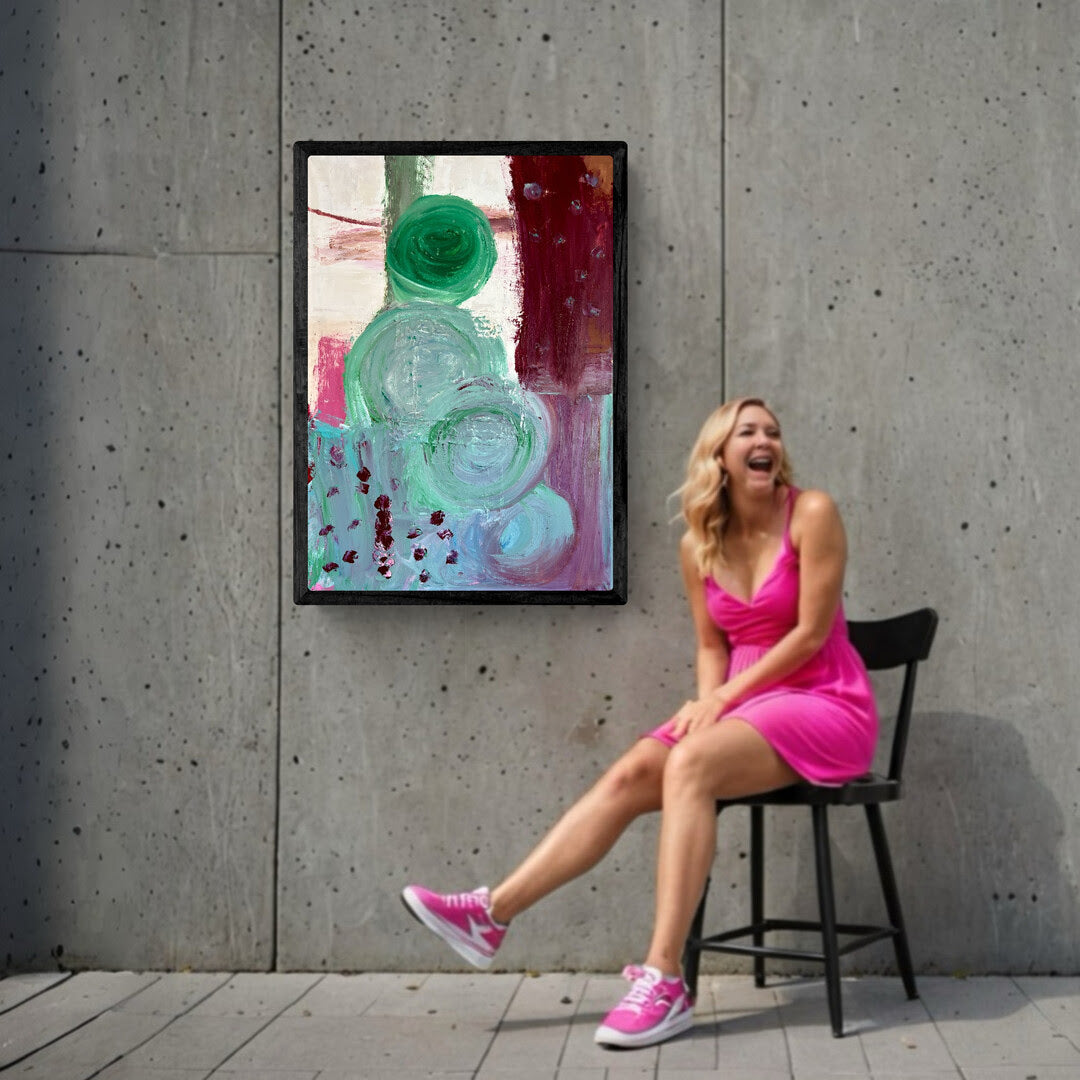 Kunstwerk „Menschen auf der blühenden Wiese“ - Poster-Druck im Holz-Rahmen