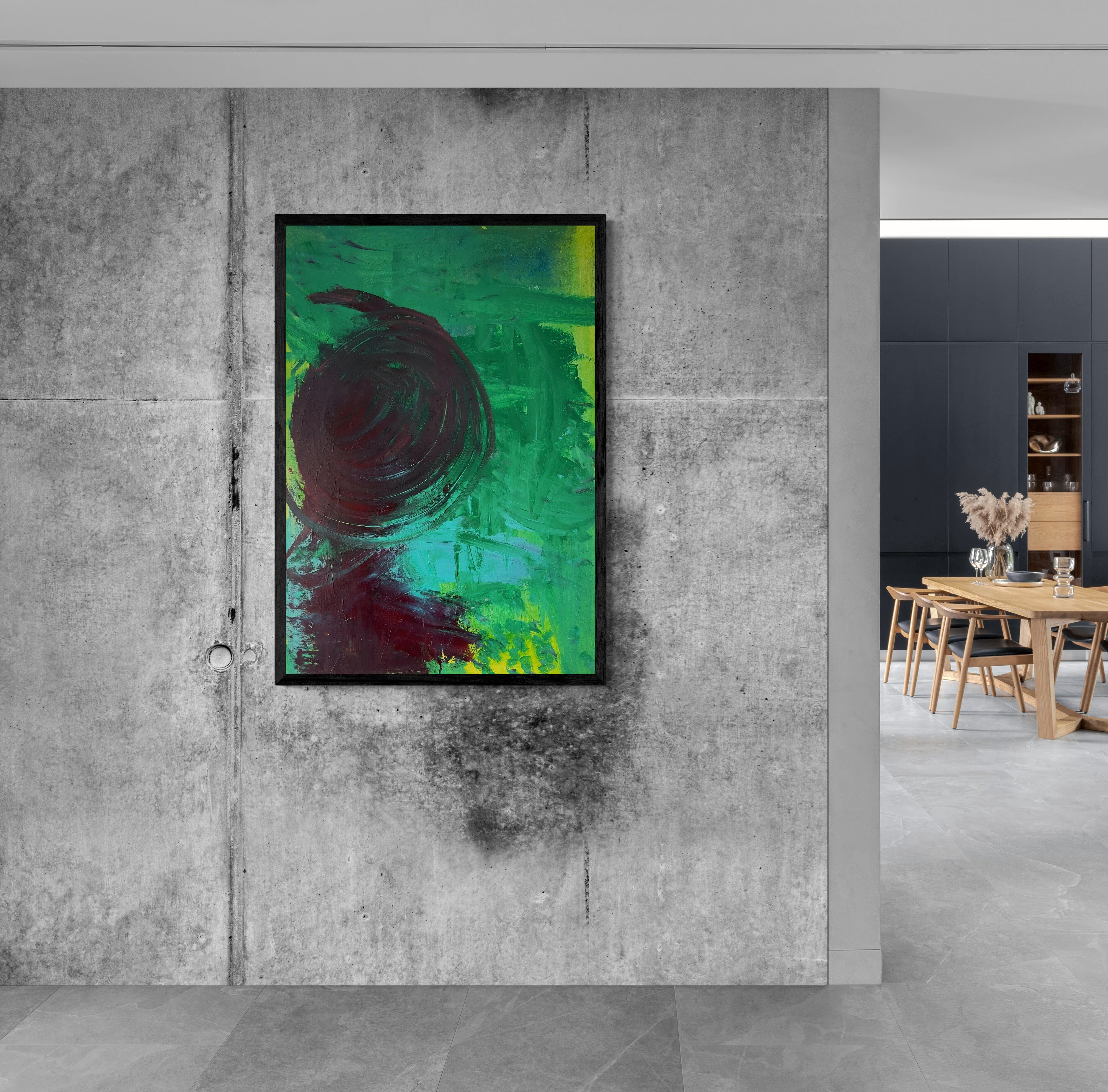 Kunstwerk „Mensch auf der grünen Wiese“ - Poster-Druck im Holz-Rahmen