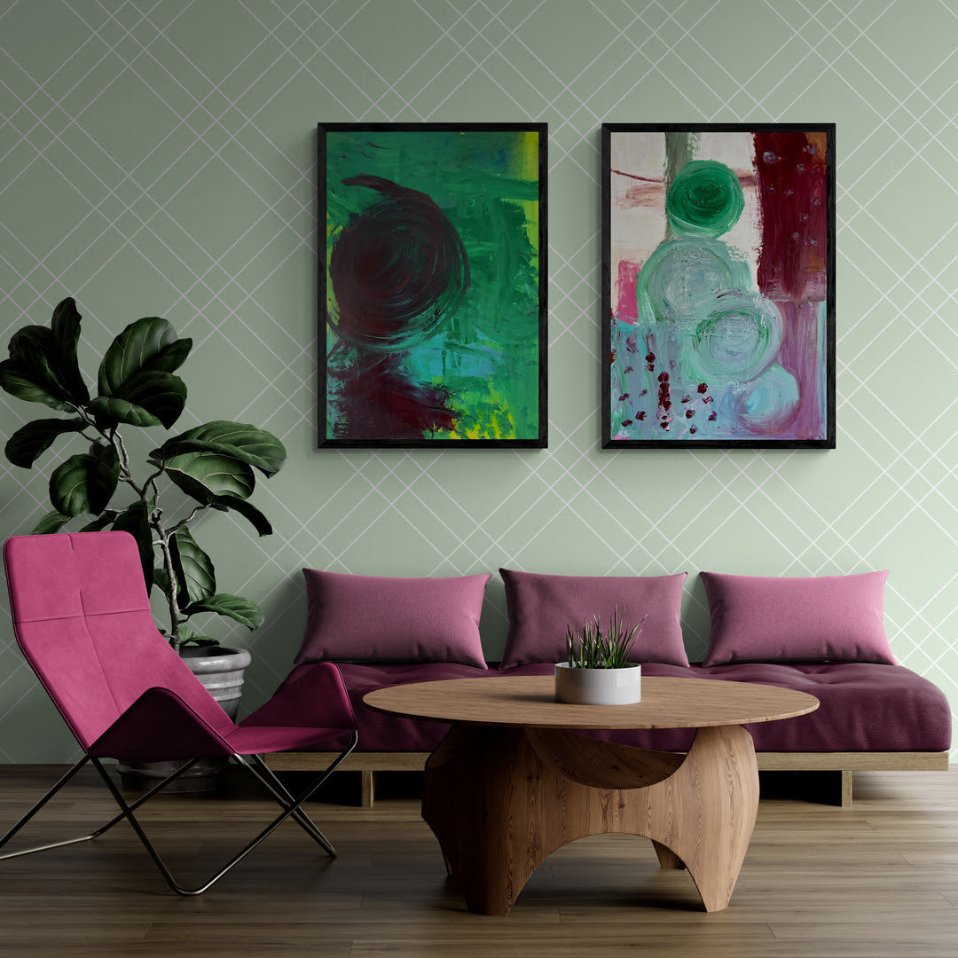 Kunstwerk „Menschen auf der blühenden Wiese“ - Poster-Druck im Holz-Rahmen