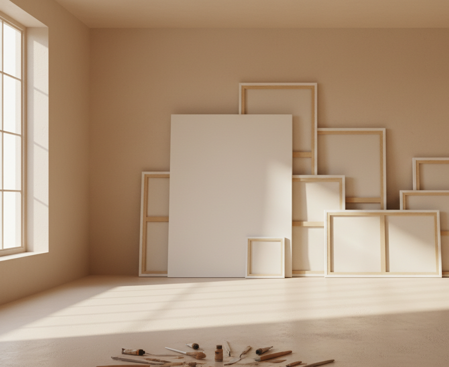 Bild von einem freien Raum, komplett in Beige. Von links kommt Sonne durchs Fenster. An der Wand lehnen Leinwände von riesig bis kleiner und auf dem Boden liegen Pinsel mit Farbe.