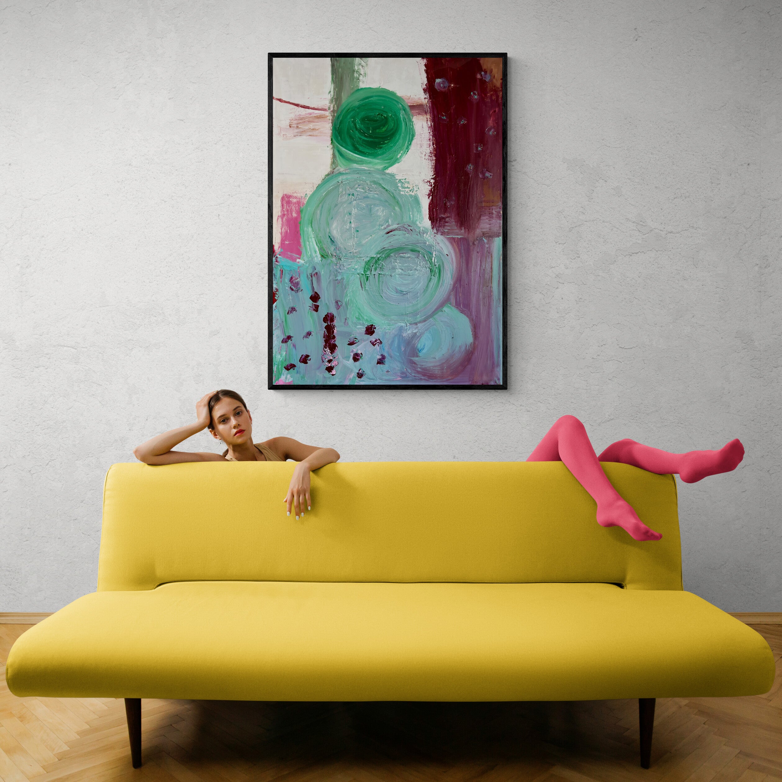 Kunstwerk „Menschen auf der blühenden Wiese“ - Poster-Druck im Holz-Rahmen