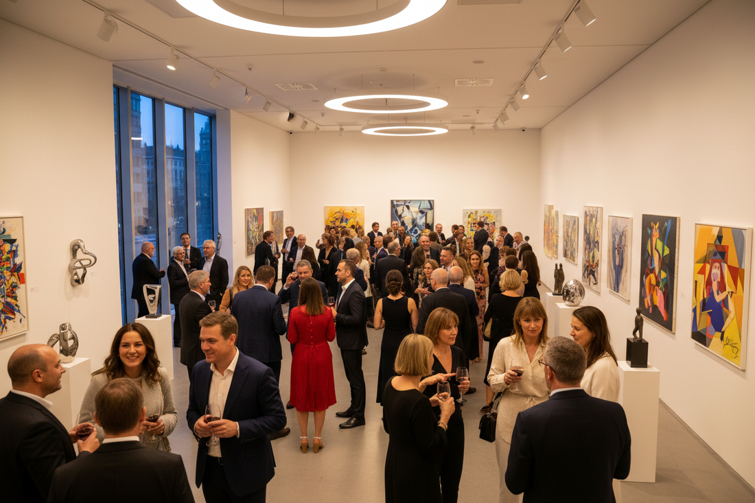 ein emotionales Produktbild für meinen Videokurs "Ausstellen ohne Stress", auf dem eine erfolgreiche, gut besuchte, freudige Vernissage mit moderner Kunst zu sehen ist - dank meinem Kurs