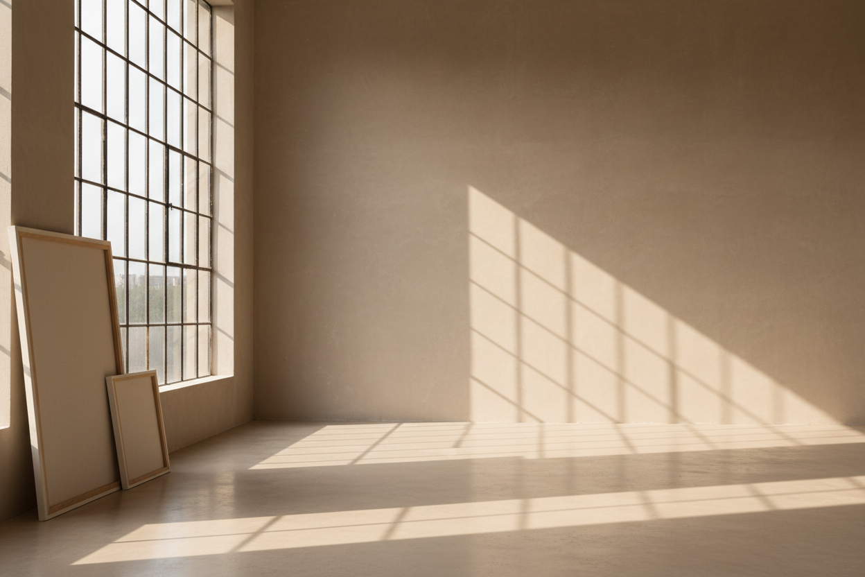 Ein großer, sehr leerer freier Raum mit beigen Wänden und Boden. Links ein großes Fenster, zu dem die Sonne herein scheint. An der Wand lehnen 2 Leinwände - eine sehr riesige und eine kleine.